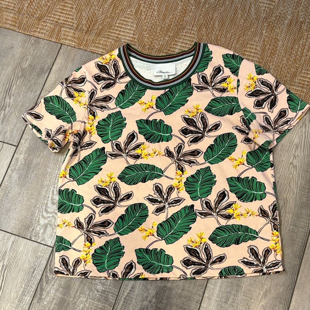 3.1 Phillip Lim Short Sleeve Tee Palm Leaf Tropical Print pink green EUC Medium - Picture 4 of 9